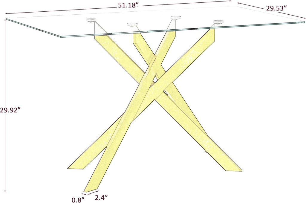 51.18' Rectangular Glass Dining Table, Tempered Glass Kitchen Tabe with Metal Legs, Stylish and Sturdy Dinner Table for Home and Outdoor Dining (Golden, 51.18'')
