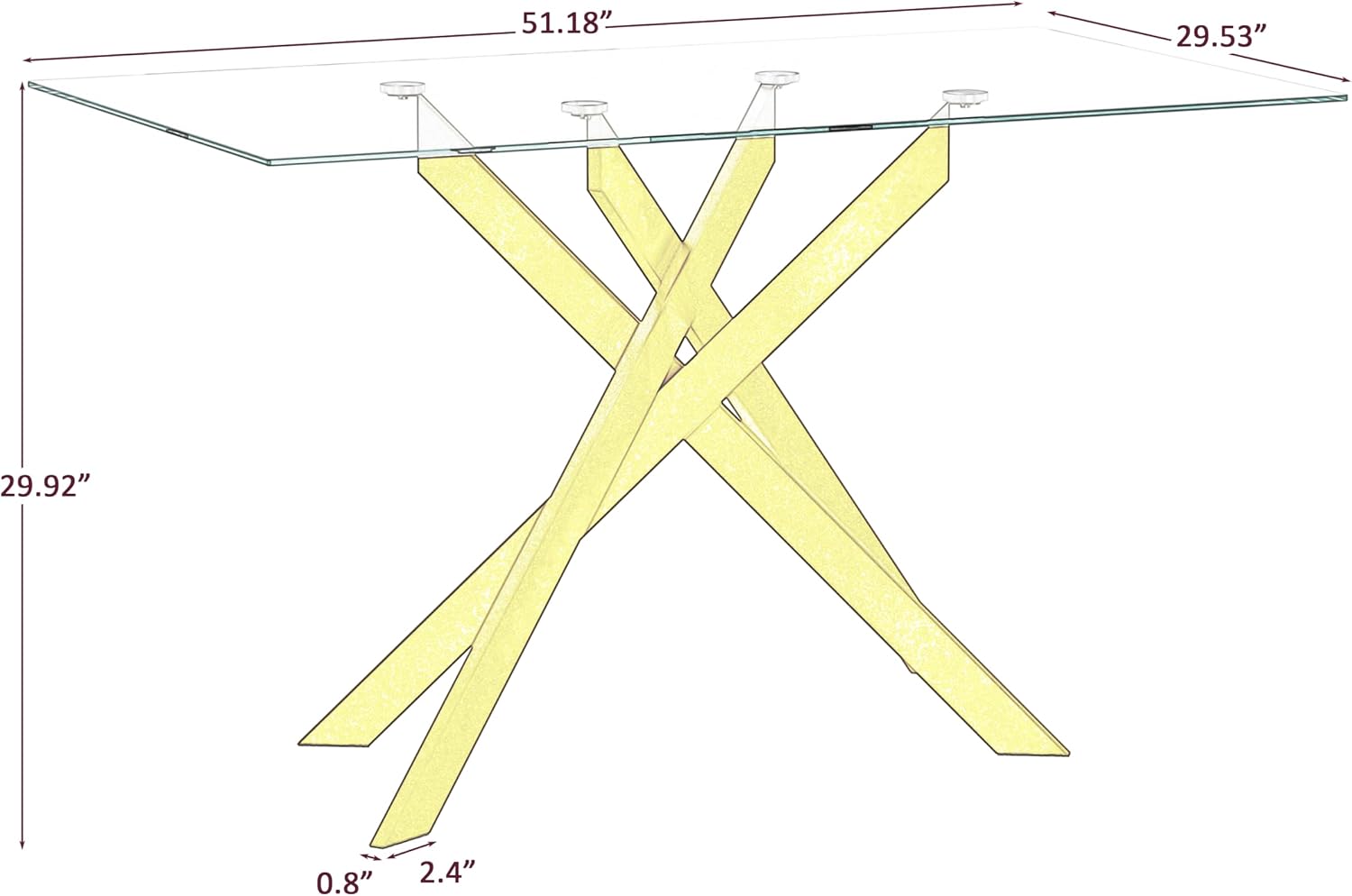 51.18' Rectangular Glass Dining Table, Tempered Glass Kitchen Tabe with Metal Legs, Stylish and Sturdy Dinner Table for Home and Outdoor Dining (Golden, 51.18'')