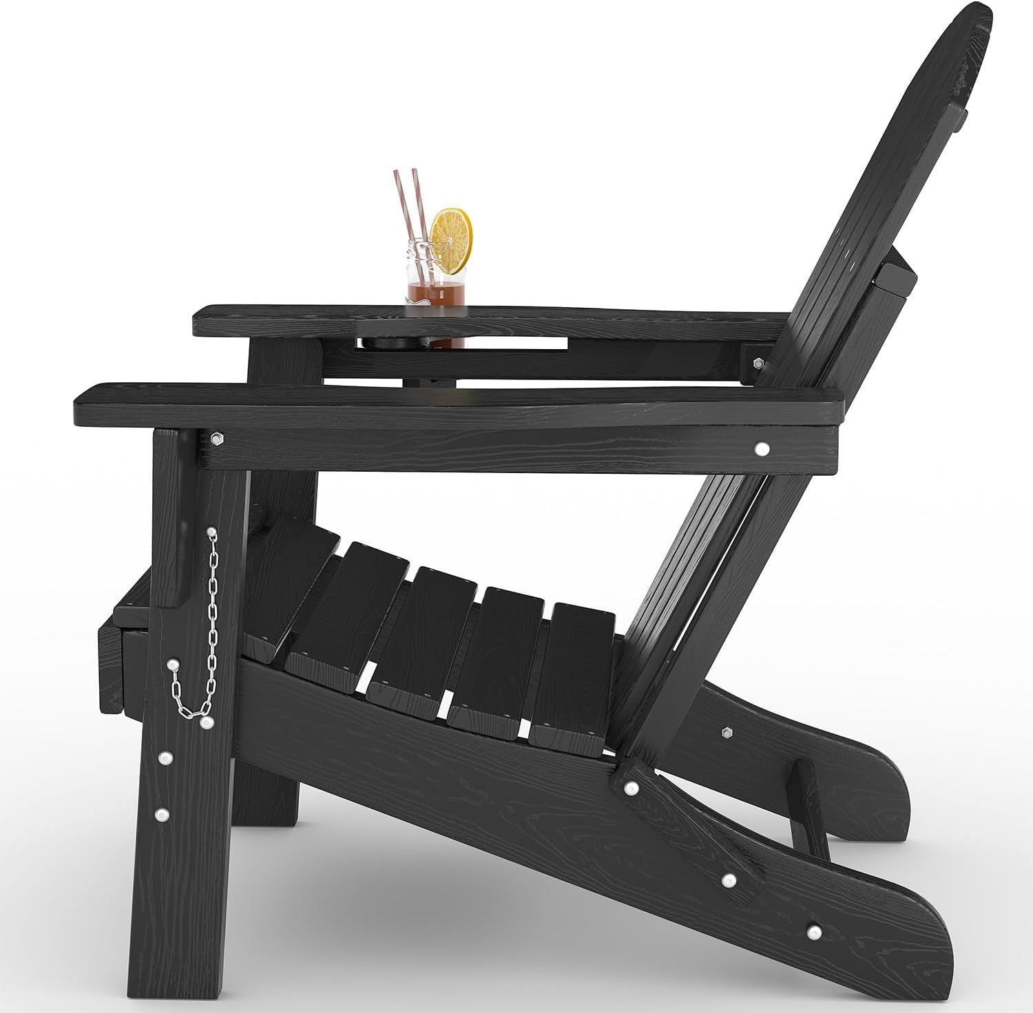 GarveeLife Folding Adirondack Chair Set of 2 with Side Table, All-Weather HDPE Outdoor Chair, Wooden Textured with Cup Holder for patios, Decks, Gardens, fire pits, Black