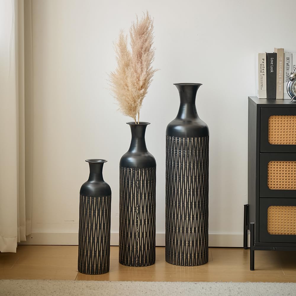 Floor Metal Decorated Vases Set of 3 for Gorgeous Home Decoration Large Glazed Metal Vases (Black+Metal)