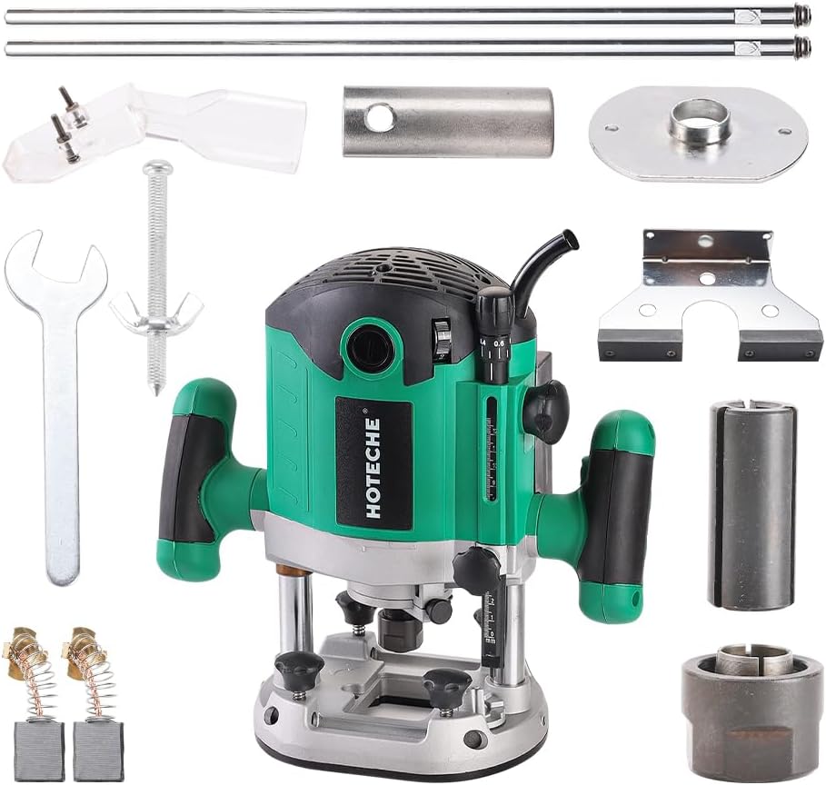 Hoteche 2100W Wood Router, 8000-23500RPM, 0-55MM Depth, 1/2' Collet, Aluminum Base with Complete Accessories