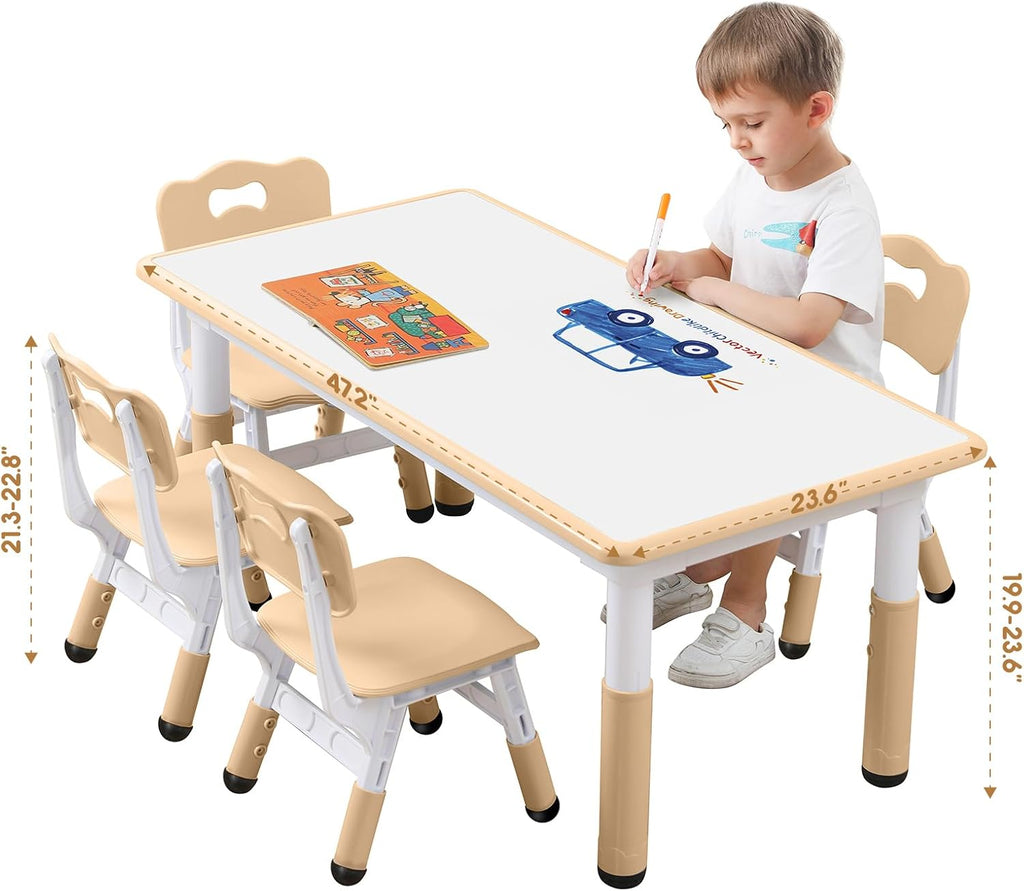 Kids Table and Chair Set Height-Adjustable Toddler & 6-Chair Set with Graffiti-Proof Desktop, Non-Slip Legs – Arts/Crafts Activity Table for Daycare Classrooms Ages 2-12