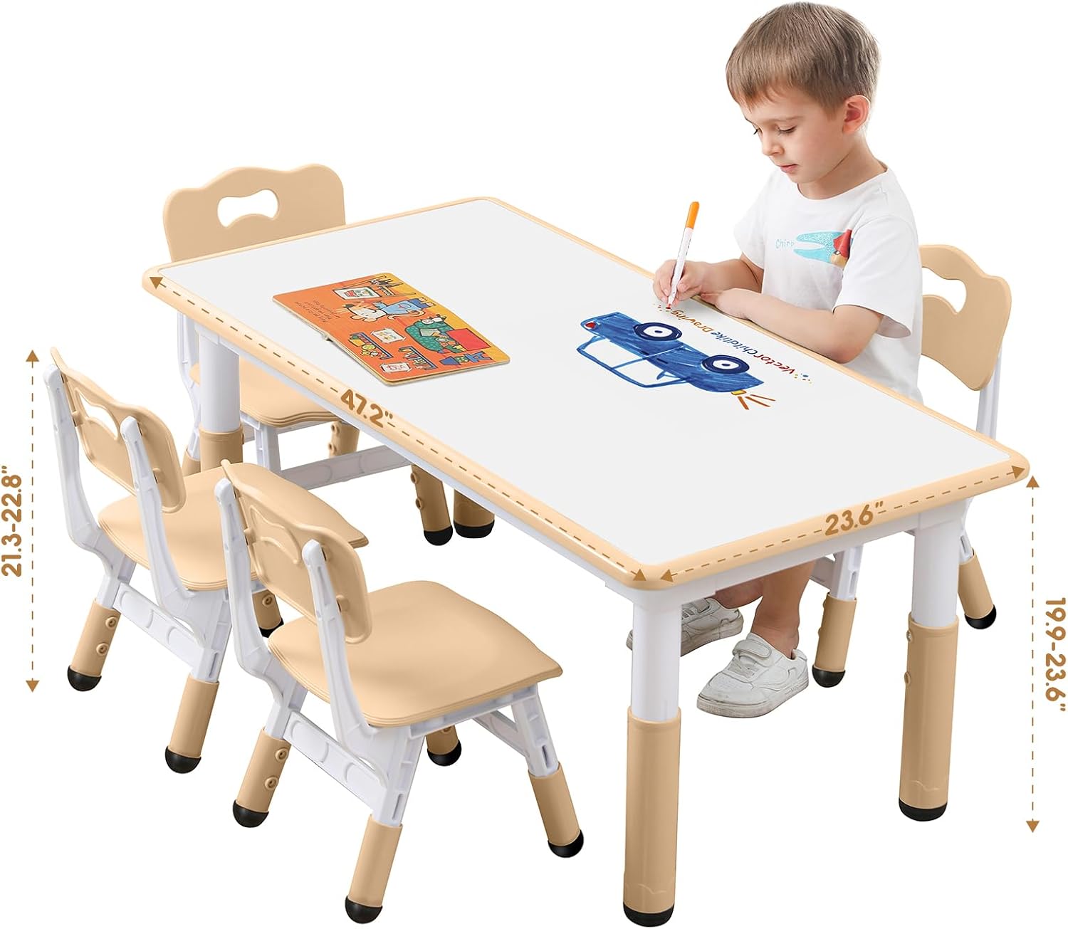 Kids Table and Chair Set Height-Adjustable Toddler & 6-Chair Set with Graffiti-Proof Desktop, Non-Slip Legs – Arts/Crafts Activity Table for Daycare Classrooms Ages 2-12