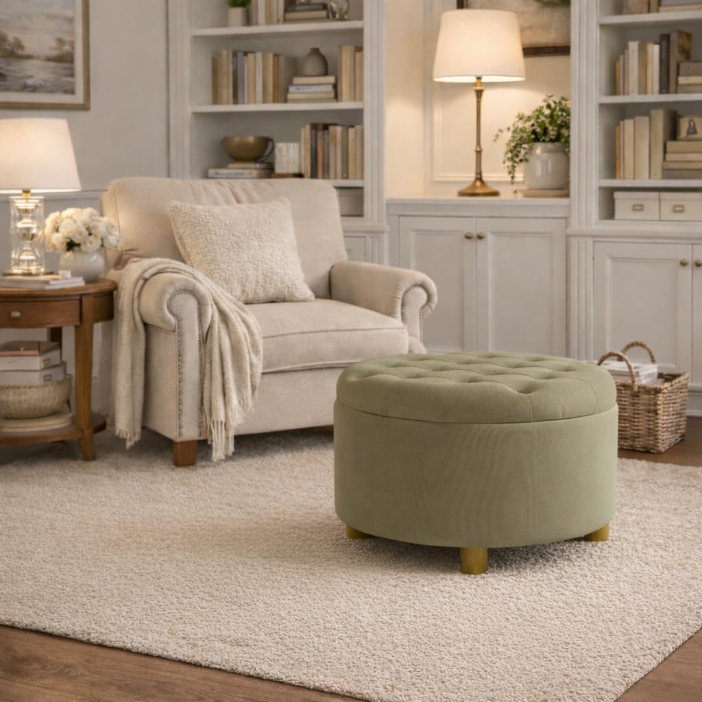 Homepop Home Decor | Button Tufted Velvet Round Storage Ottoman | Ottoman with Storage for Living Room & Bedroom, Light Sage Green Velvet