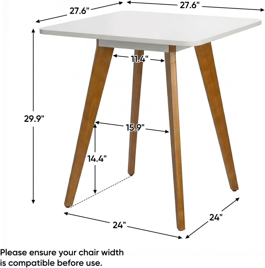 Comfy to go 27.6' Square Dining Table for 2-4 Person - Small Kitchen Table with Soild Wood Legs Mid Century Modern Table for Dinning Room, Kitchen,Small Speace (White)