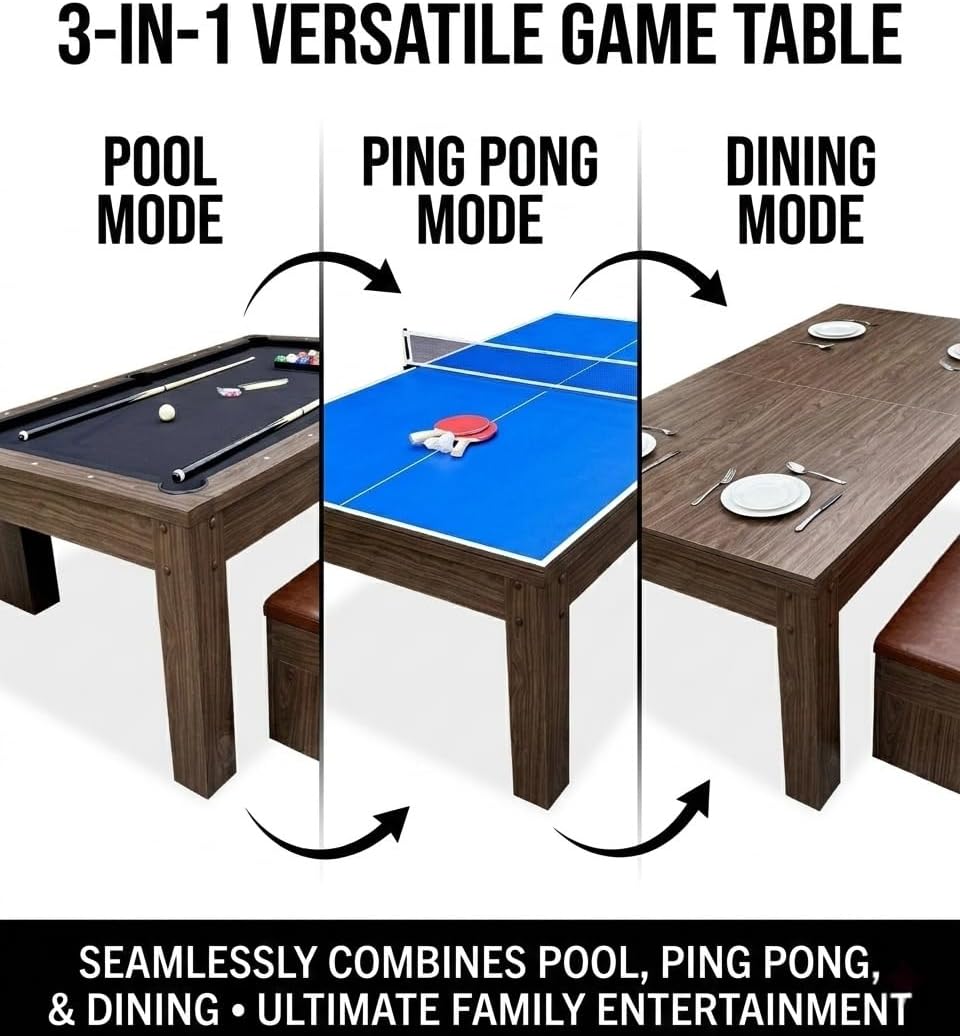 8ft Dining Pool Table Combo with Game Accessories, 3-in-1 Multi-Functional Game Table with Ping Pong & Dining Top & 2 Benches, for Play & Dining