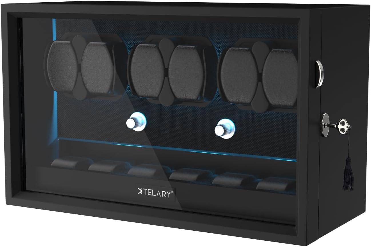 XTELARY Lockable Automatic Watch Winder - 4/6/8/12 Watch Storage, 4 Rotation Modes, Quiet Motor, Backlight