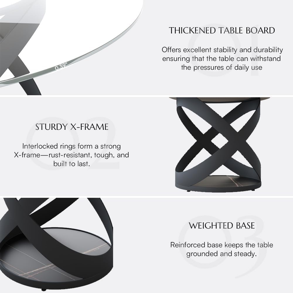 POVISON 59' Modern Round Dining Table, Glass Round Kitchen Table for 6, Glass Dining Room Table Top with Black X Carbon Steel Base for Dining Room (Dining Table Only)