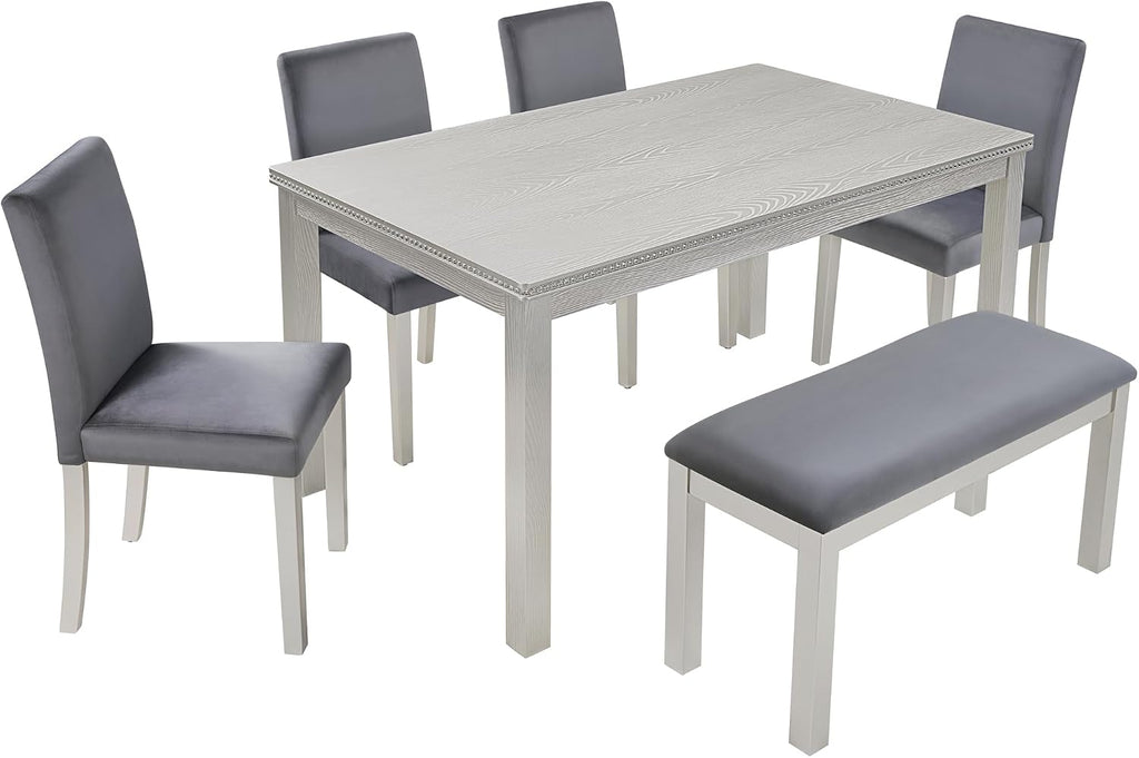 LUMISOL 6 Piece Wooden Dining Table Set, Rectangular Kitchen Table Set with 4 Upholstered Chairs and Bench for 6 People, Sliver Grey