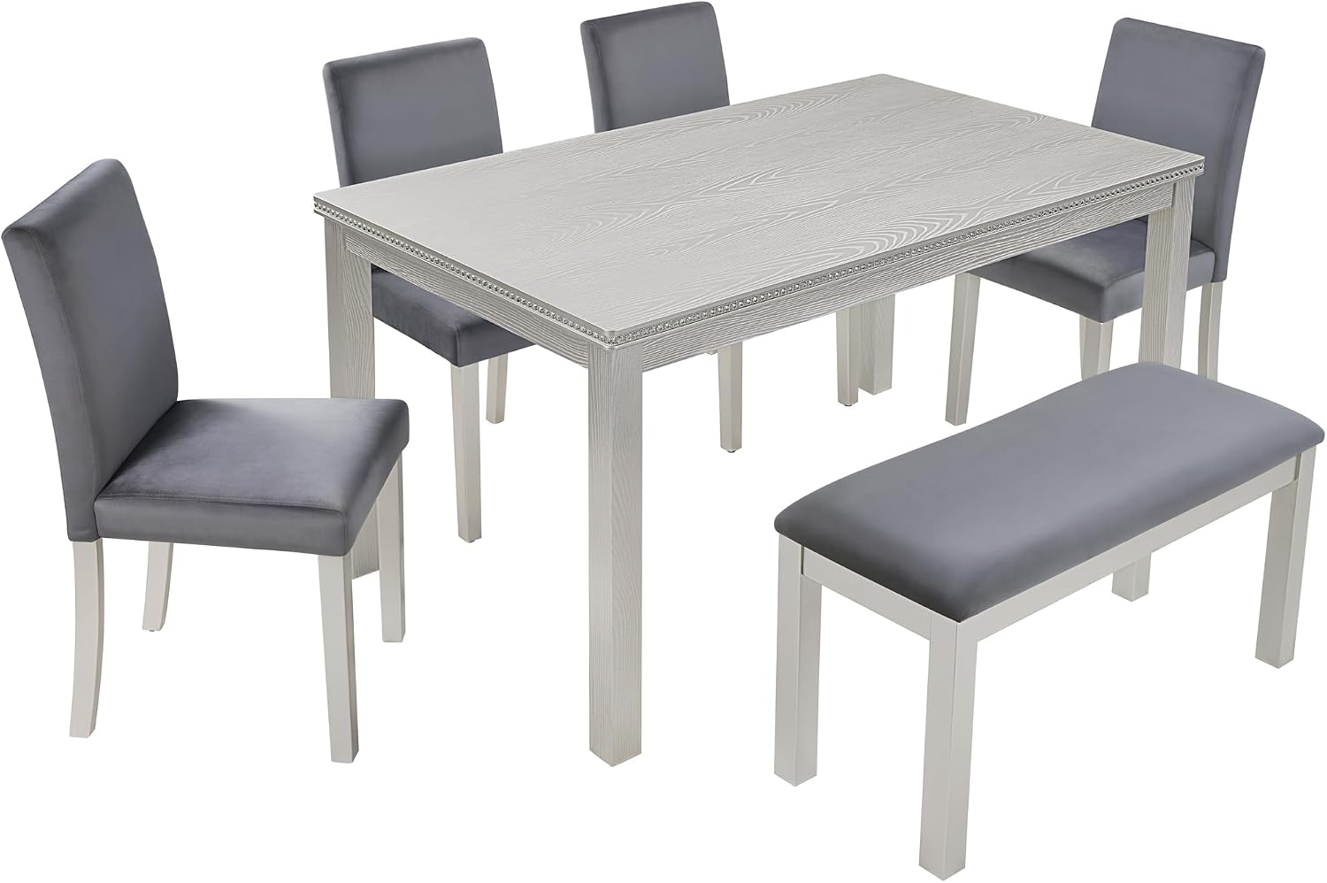 LUMISOL 6 Piece Wooden Dining Table Set, Rectangular Kitchen Table Set with 4 Upholstered Chairs and Bench for 6 People, Sliver Grey
