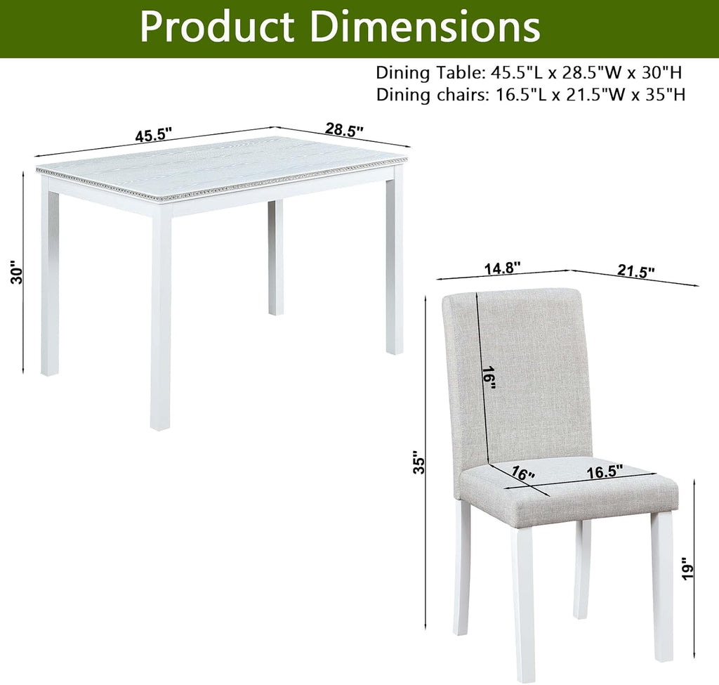 LUMISOL Dining Table Set for 4, 5-Piece Solid Wood Kitchen Table Set with 4 Upholstered Chairs for Kitchen, Dining Room, Home Bar, White