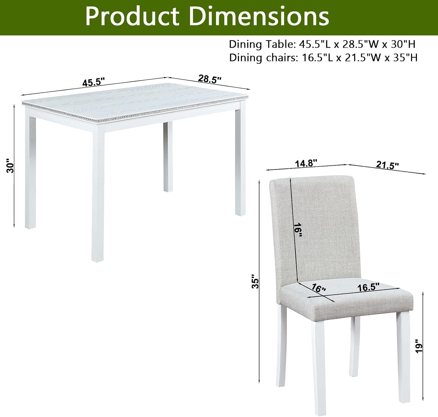 LUMISOL Dining Table Set for 4, 5-Piece Solid Wood Kitchen Table Set with 4 Upholstered Chairs for Kitchen, Dining Room, Home Bar, White