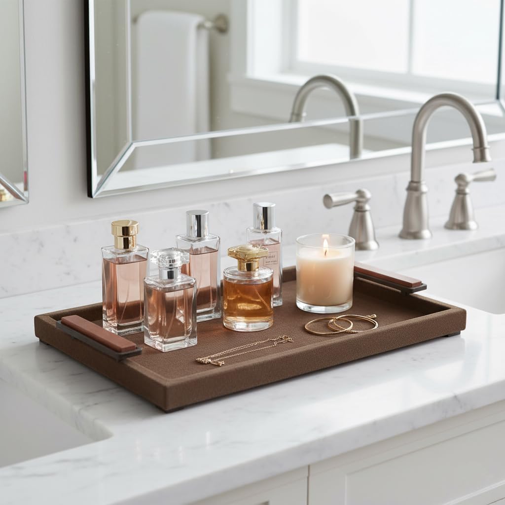 Suede Decorative Tray for Home Décor Accents – Serves as Bed, Jewelry, Trinket Tray Dish, or Bathroom Vanity Tray – House Decor Coffee Table Tray and Centerpiece Table Decorations – 2', Brown