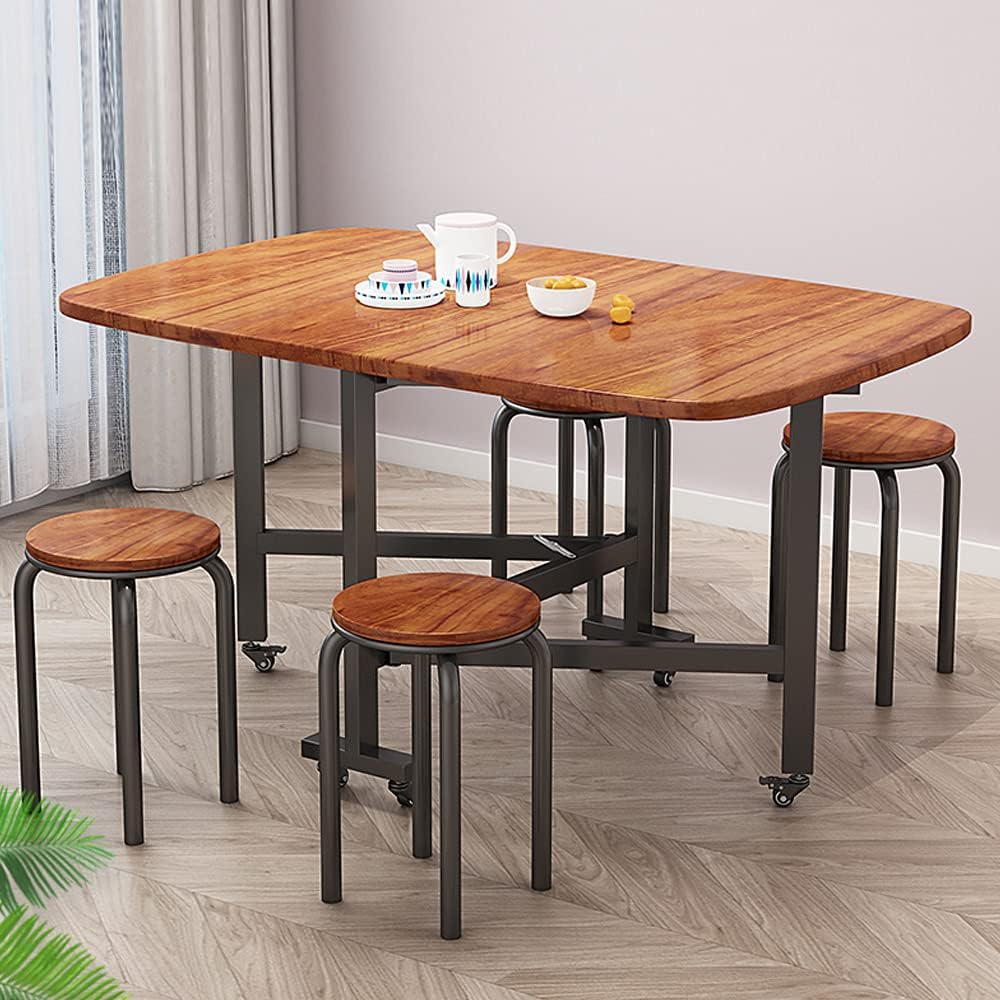 Multifunction Table Drop Leaf Dining Table - 47' Wooden Foldable Kitchen Table with 6 Wheels (Brown)