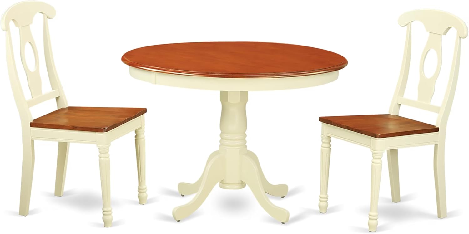 East West Furniture HLKE3-BMK-W 3 Piece Kitchen Table Set for Small Spaces Contains a Round Dining Room Table with Pedestal and 2 Solid Wood Seat Chairs, 42x42 Inch, Buttermilk & Cherry