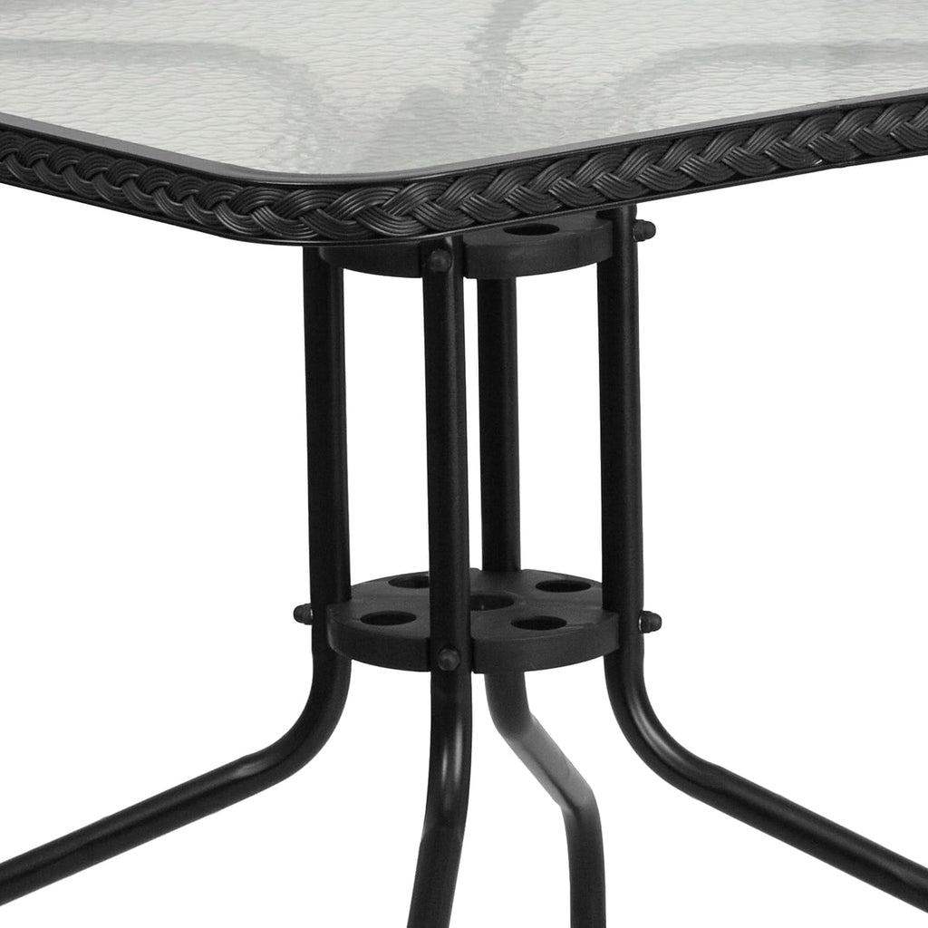 Flash Furniture Lila 28'' Square Glass Metal Table with Black Rattan Edging and 2 Black Rattan Stack Chairs