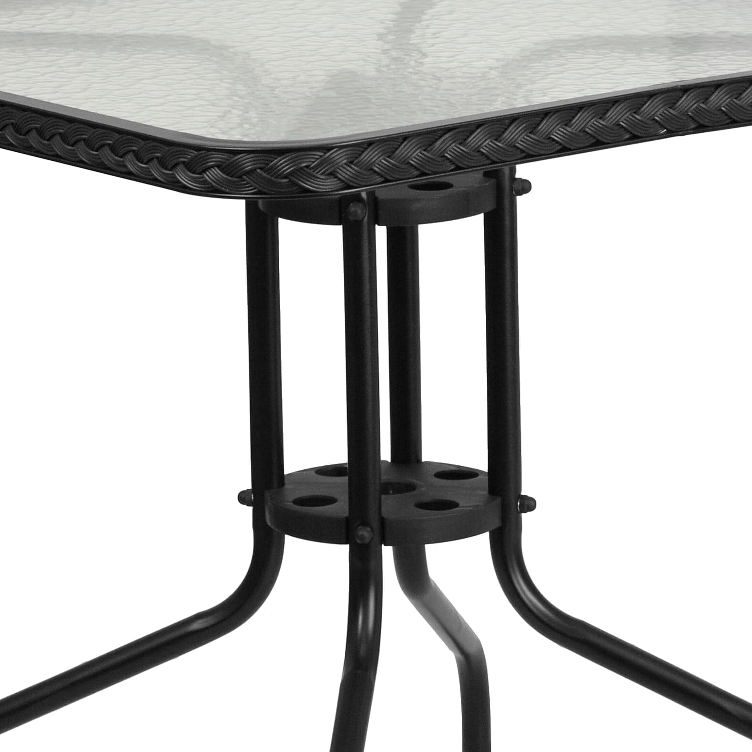 Flash Furniture Lila 28'' Square Glass Metal Table with Black Rattan Edging and 2 Black Rattan Stack Chairs