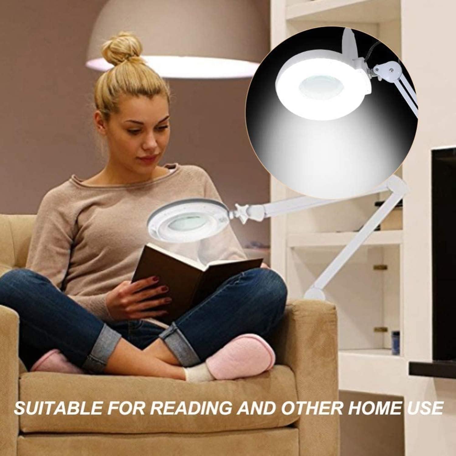 Magnifying Glass,Beauty Magnifying Lamp LED Floor Lamp with 4 Wheels Rolling Base and Adjustable Arm Lighted Magnifier for Reading, Crafts, Sewing, Close Work, Beauty Salon