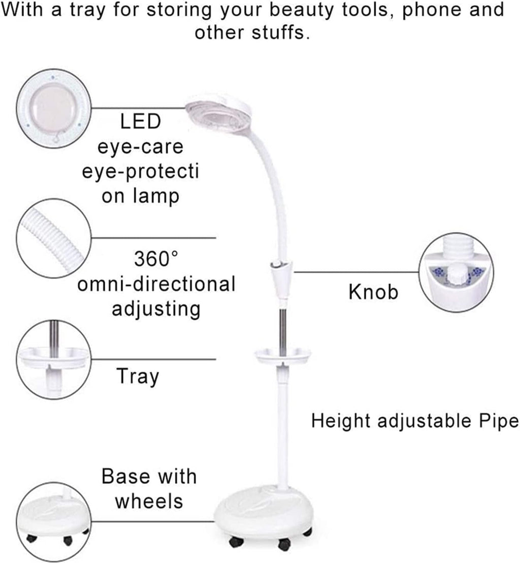 8X Vertical Beauty Magnifying Lamp LED Cold Light Lamp, Floor Stand Magnifier Light with Adjustable Height Stand for Salon Tattoo Makeup Detailed Care & Illumination