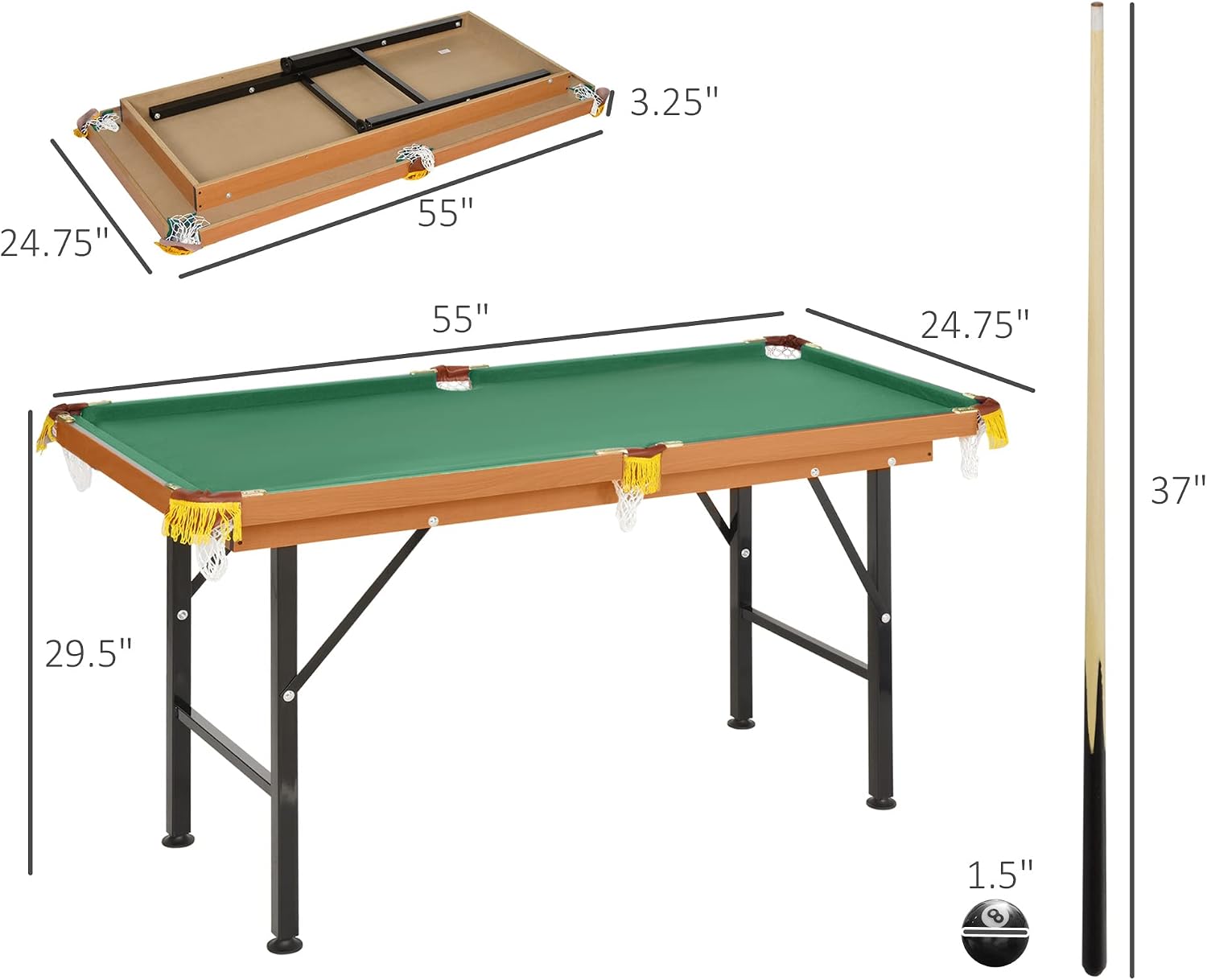 55' Portable Billiards Table with All Accessories, Foldable Pool Game Table for Whole Family Number Use with Cues, Ball, Rack, Chalk - Green