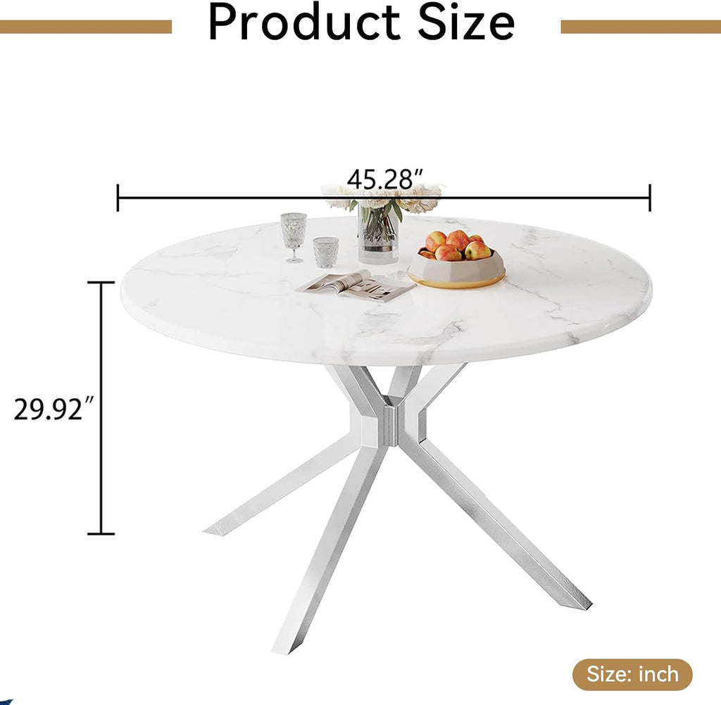 White Round Marble Dining Table with Silver Stainless Steel Leg, 45.28' Small Circle Marble Kitchen Table for 2-4 Person, Mid Century Modern Dining Table for Dining Room Kitchen Living Room