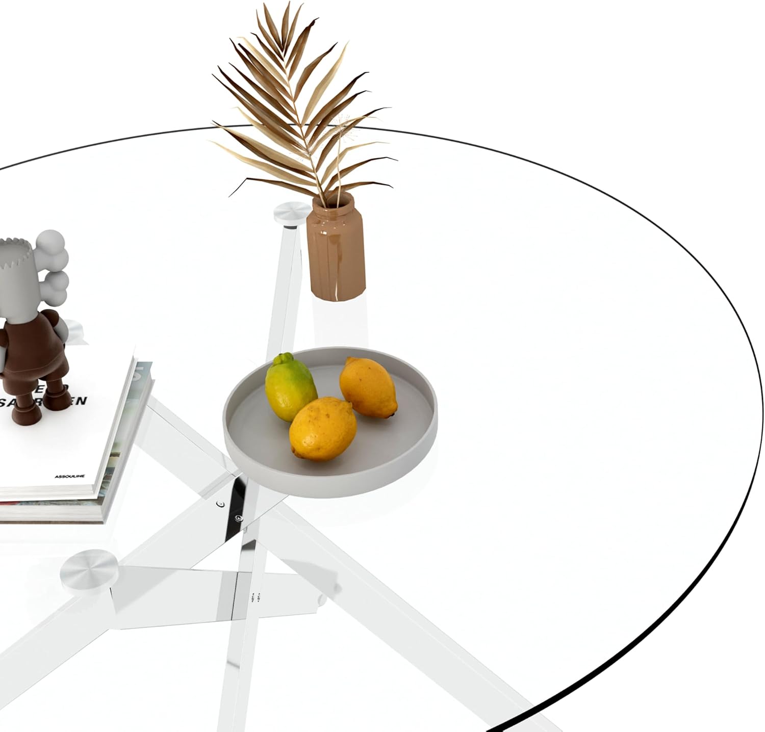47.25' Round Dining Table for 6, Modern Clear Glass Kitchen Table for 6 with Silver X Metal Legs, Contemporary Small Circle Dining Room Leisure Tables for Kitchen Apartment