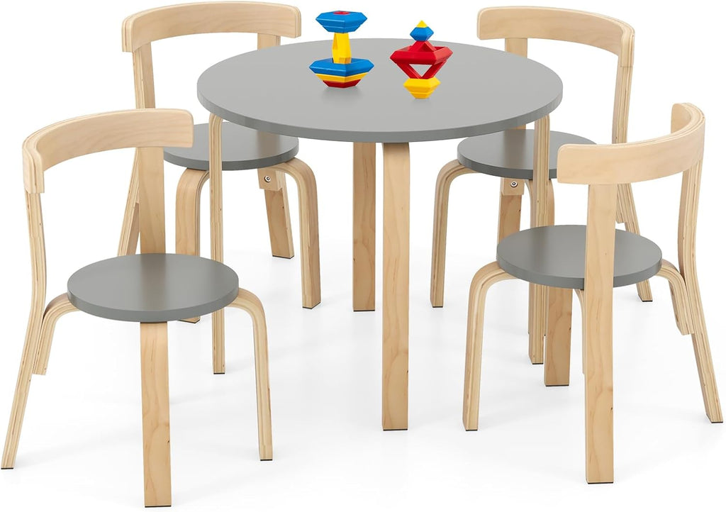 HONEY JOY Kids Table and Chair Set, Bentwood Toddler Round Table and 4 Chairs for Craft Art, Building Block, 5-Piece Children Furniture Set for Daycare, Kindergarten, Playroom (Gray)