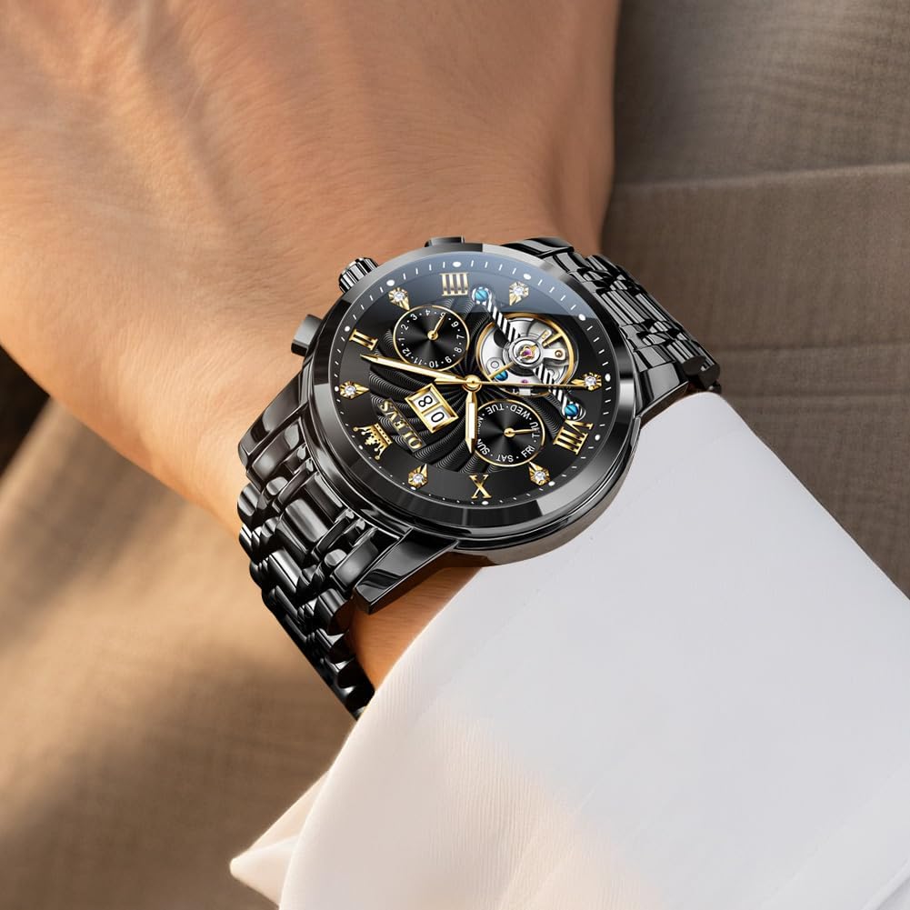 OLEVS Mens Watches Luxury Waterproof Luminous Easy Read Chronograph Watches Full Gold/White Dail/Black Face with Calendar Wrist Watches
