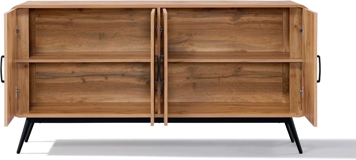 LuxenHome Sideboard Buffet Cabinet with Storage, 63'Mid Century Modern 4-Door Accent Pantry Cabinets with Black Metal Legs, Wood Console Table for Home Decor Living Room, Dining Room, Entryway, Office