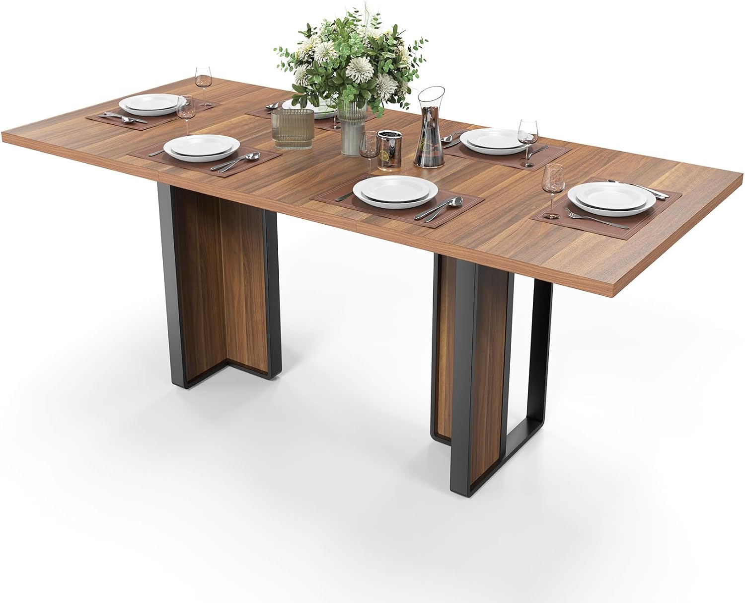 Bigbiglife 71 inch Dining Table for 6-8, Farmhouse Kitchen Table with Large Tabletop, Rectangular Dinner Eating Table W/Thickness Waterproof Wood Tabletop & Foot Pad, for Kitchen, Dining Room, Brown