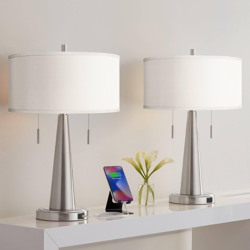 Possini Euro Design Vicki Modern Accent Table Lamps 23' Tall Set of 2 with USB Charging Ports Brushed Nickel Metal Cream Faux Silk Drum Shade for Bedroom Living Room House Desk Bedside Nightstand