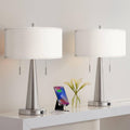 Possini Euro Design Vicki Modern Accent Table Lamps 23' Tall Set of 2 with USB Charging Ports Brushed Nickel Metal Cream Faux Silk Drum Shade for Bedroom Living Room House Desk Bedside Nightstand