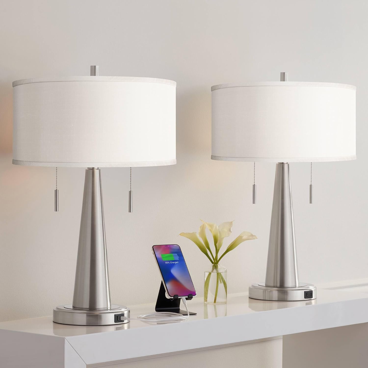 Possini Euro Design Vicki Modern Accent Table Lamps 23' Tall Set of 2 with USB Charging Ports Brushed Nickel Metal Cream Faux Silk Drum Shade for Bedroom Living Room House Desk Bedside Nightstand
