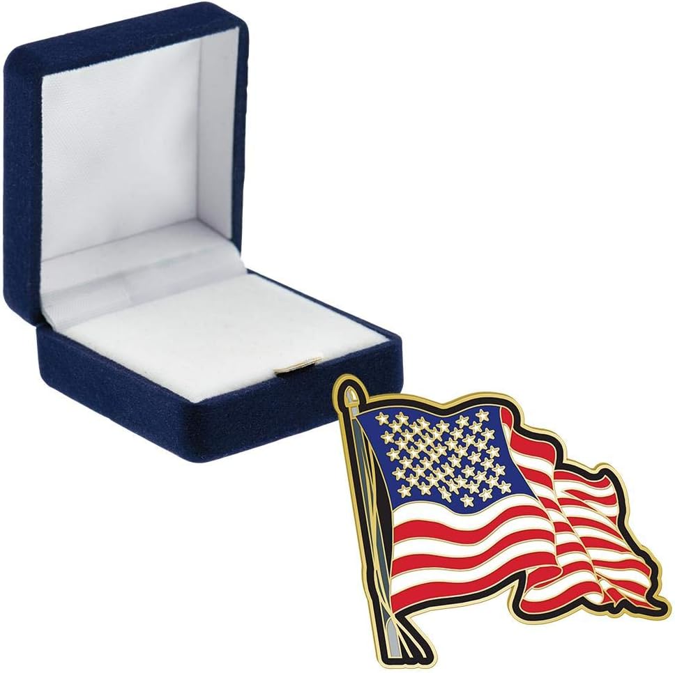 Crown Awards American Flag Enamel Pins, American Flag Enamel Pin with Blue Velvet Presentation Case, Prime