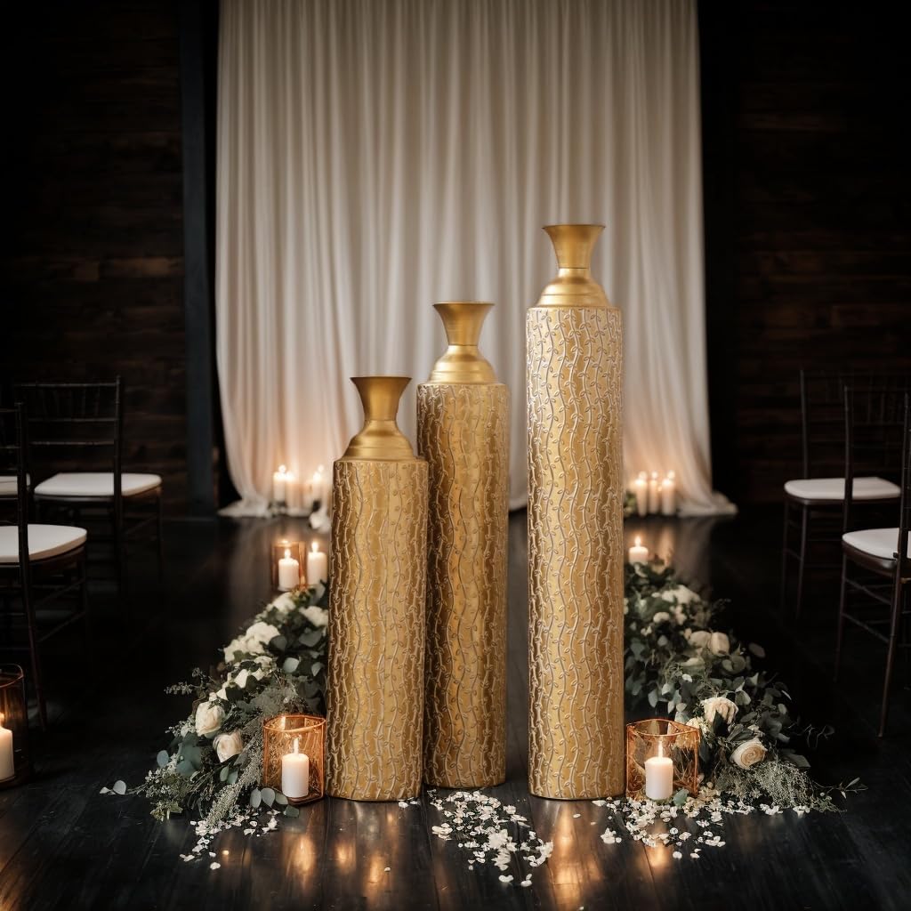 Set of 3 Gold Metal Decorative Vases – 34'/29'/25' Tall Distressed Centerpiece Vases, Gold Floral Pattern, Tall Metal Standing Vase for Home Decor(Golden Willow)