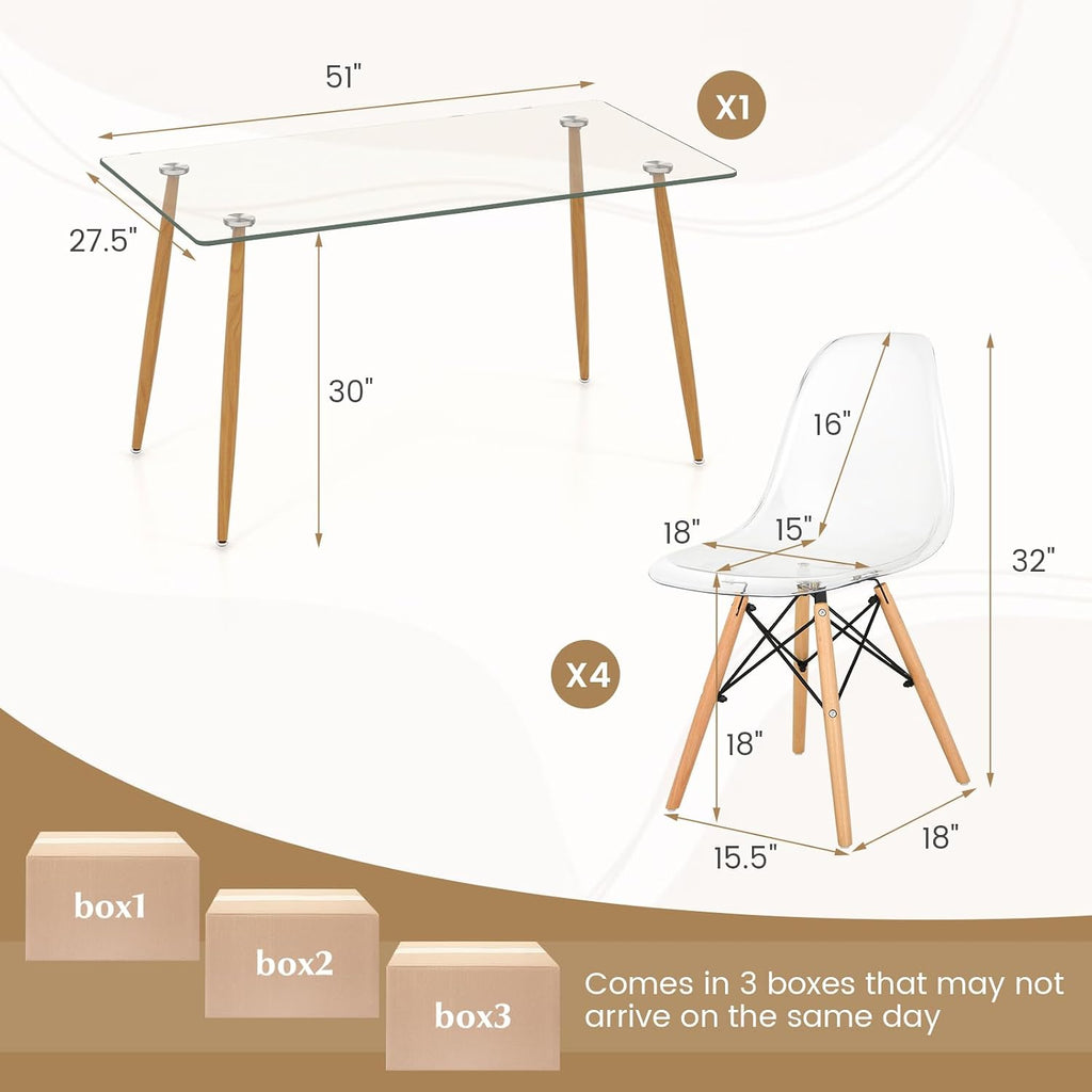 Tangkula Dining Table Set for 4, Modern Kitchen Table and Chairs, Glass Table and Chairs Set of 4 for Small Living Room, Kitchen