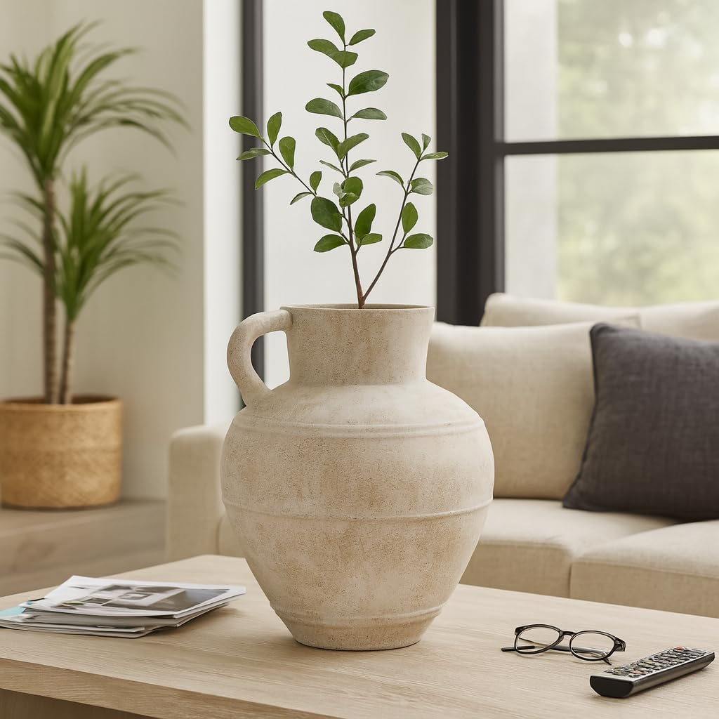 Elegant Pottery Jug Vase with Handle for Living Room Decor and Home Accents - Decorative Flower Vase for Room, Bedroom, or Office Display - Elevates House and Table Styling - 22', Ivory & Tan