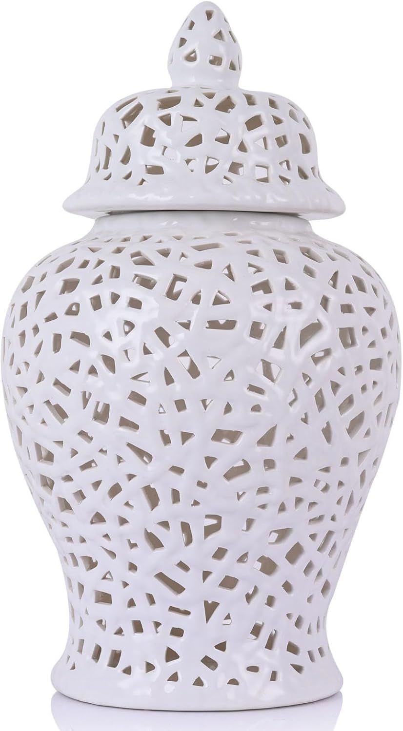 White Pierced Ginger Jar Vase with Lid - 15.7' Tall White Decorative Ceramic Jar for Home Decor, Centerpiece for Living Room, Dining Room, Entryway, or Office, Large White Vase for Flowers
