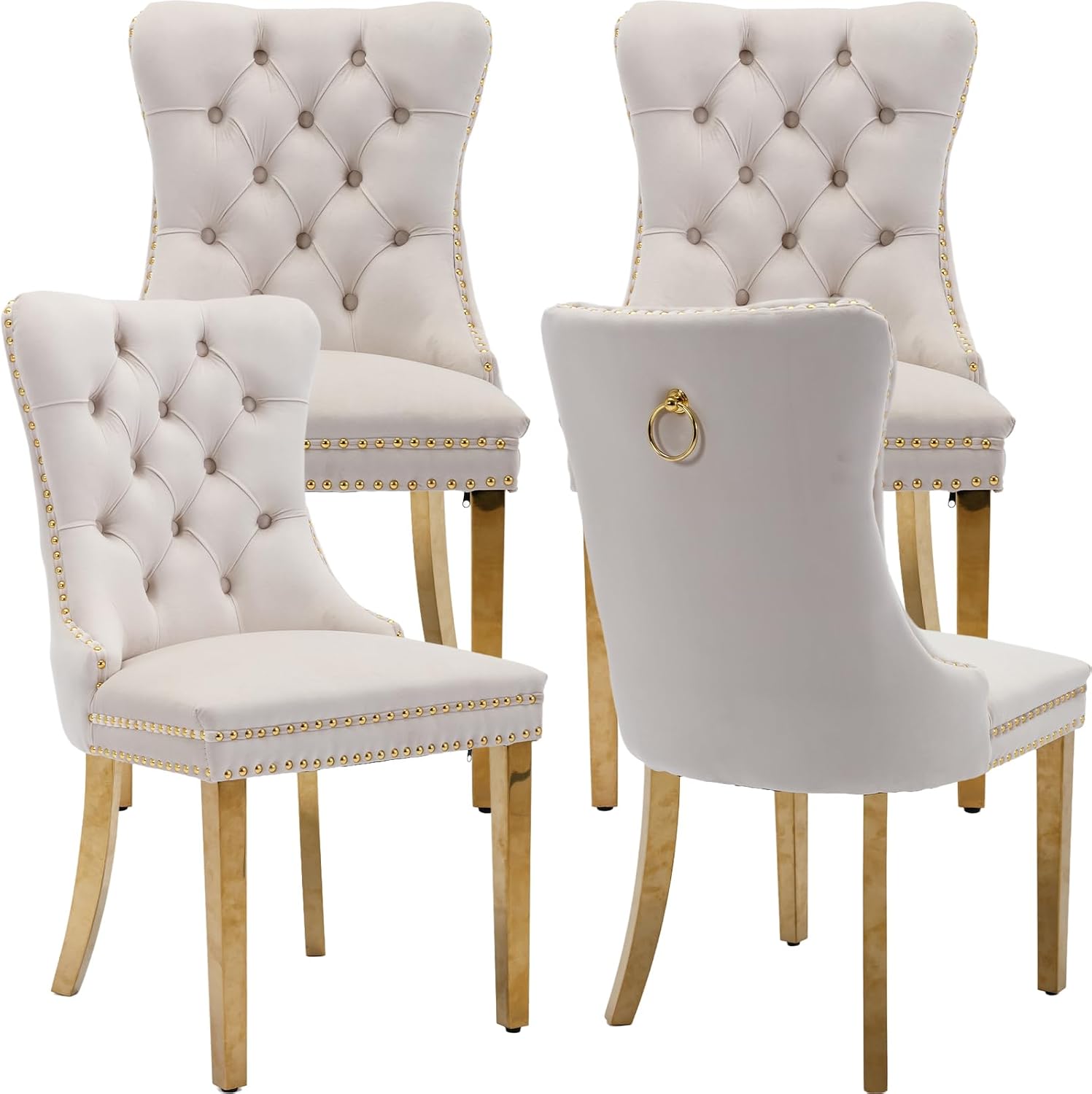 ODUSE-DAILY Velvet Dining Chairs Set of 4, Kitchen & Dining Room Chairs Set of 4, Tufted Dining Chairs, Velvet Upholstered, Golden Metal Legs (Beige)