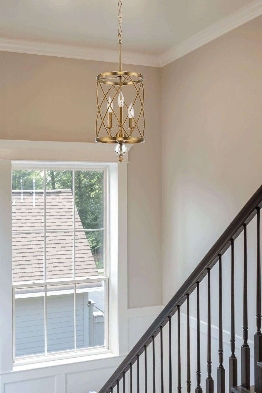 Kira Home Eleanor 27' Modern 3-Light Geometric Gold Lantern Chandelier, Cylinder Trellis Cage Gold Pendant Light with Crystal Finial, Warm Brass Finish
