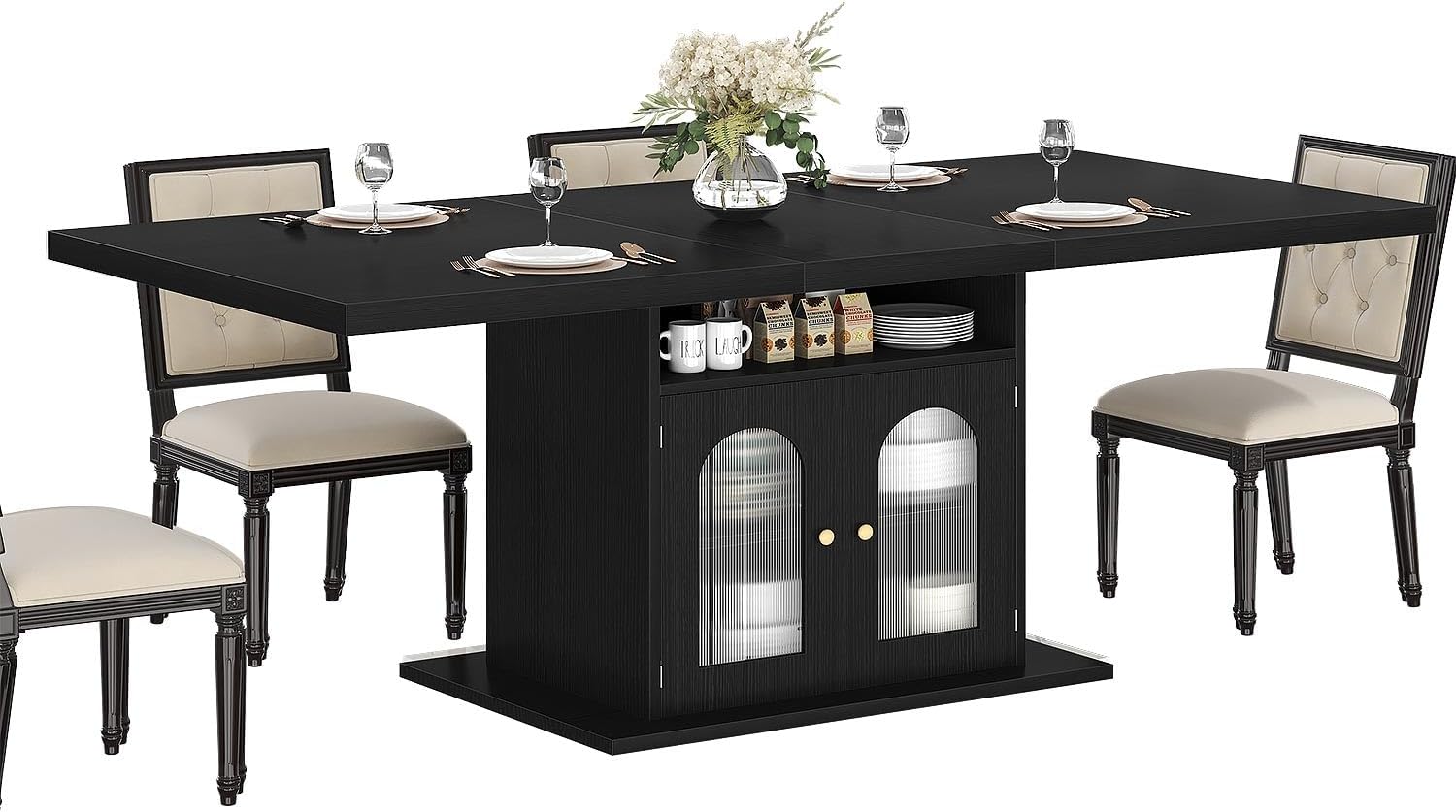 HSH Black Dining Table for 4 to 6, Modern Kitchen Dining Room Table with 3-Tier Storage Shelf and Acrylic Door Cabinet, Rectangular Wooden Dinner Tables for Home Kitchen Living Room, Black Oak，63 in