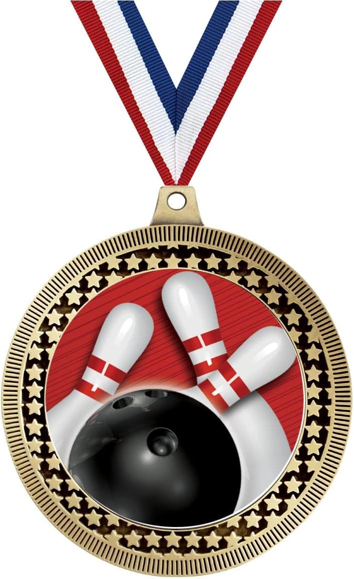 2.75' Bowling Red Stripes Award Medal, Gold Vega Bowling Red Stripes Team Trophy Award Includes Free Neck Ribbon