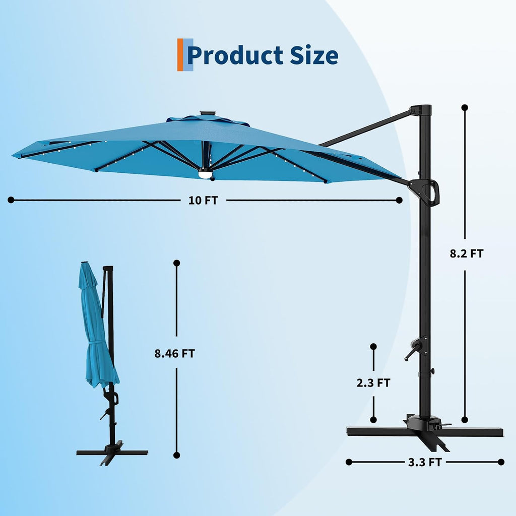 Garvee 10 ft Cantilever Patio Umbrella with Solar Lights, 360°Rotation Offset Umbrella, Easy Crank & Tilt Adjustment, UV Protection for Backyard, Poolside, Deck -Turquoise