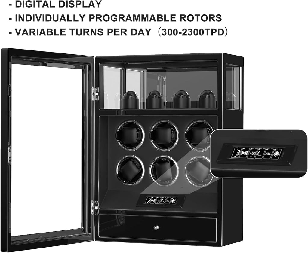 DUKWIN Watch Winder, Fingerprint Lock Automatic Watch Winder for 3/6/9 Watches with 4 Holders,300-2300 TPD,Digital Display, Remote Control,Jewelry Storage and Adjustable Watch Pillow and LED Light