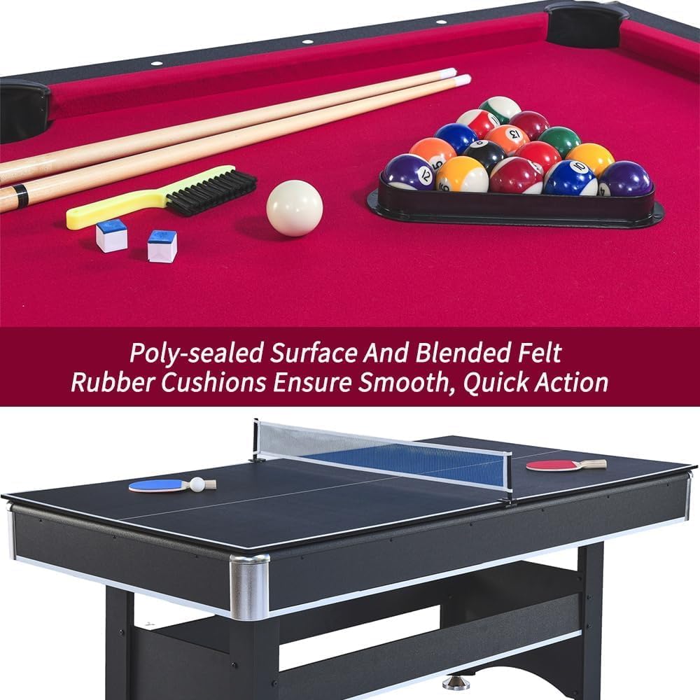 2 in 1 Pool and Table Tennis Multi Game Table, 6-Foot Modern Billiards Table with Conversion Top of Table Tennis Includes Cues, Paddles and Balls