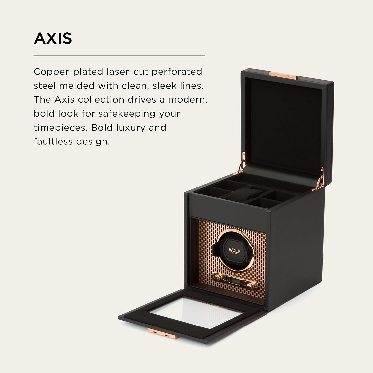 Wolf Axis Watch Winder with Storage - Secure Fit with Patented Lock-in Dynamic Cuff - Accommodates All Wrist Sizes - Vegan Leather - Includes Universal Adapter