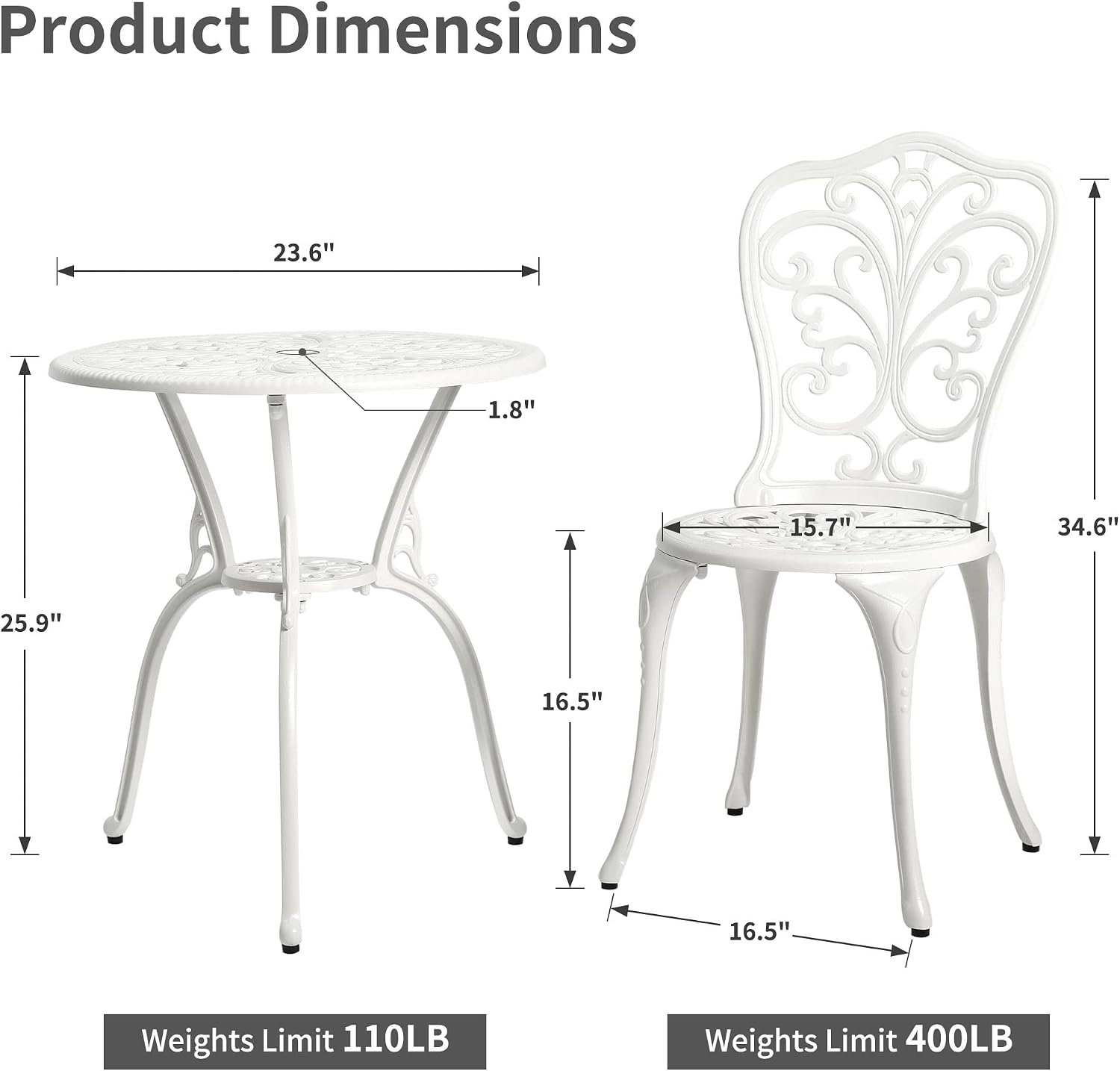 HOMEFUN Bistro Table and Chairs Set of 2 Outdoor 3 Piece Patio Set Butterfly Pattern Cast Aluminum Bistro for Garden Balcony, Durable Rust All-Weather Resistance (White)
