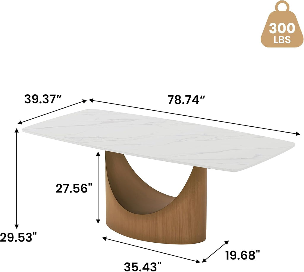 POVISON 79' Modern Dining Table for 6-8, Glossy White Dining Table Sintered Stone Dining Tabletop with Bronze Carbon Steel Pedestal for Dining Room (Table Only)