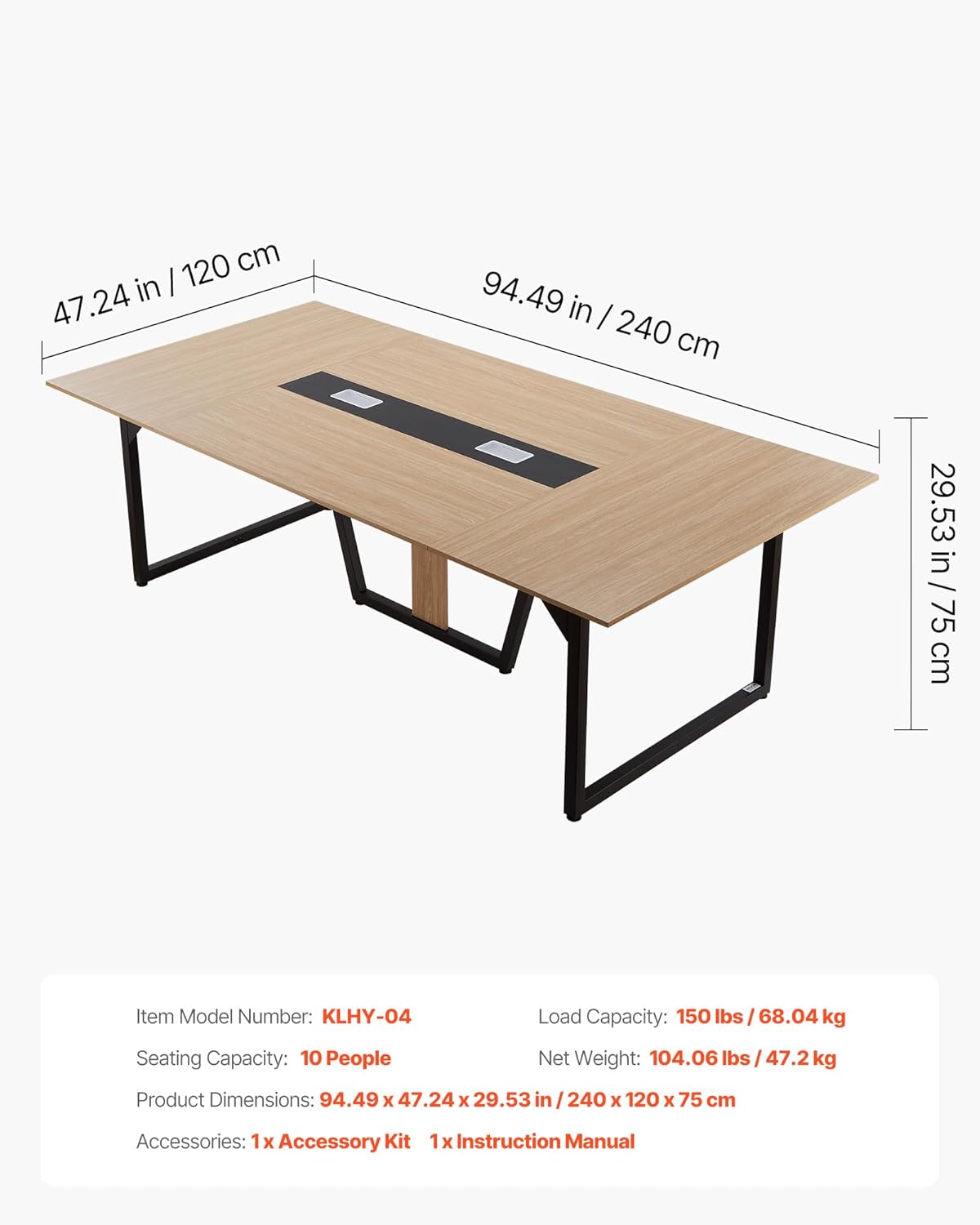 VEVOR Conference Table, 8 ft Office Meeting Table for 10 Person, Modern Rectangle Seminar Desk with Metal Legs, Large Meeting Desk Ideal for Office, Boardroom, Conference Room, Easy Assembly, Brown