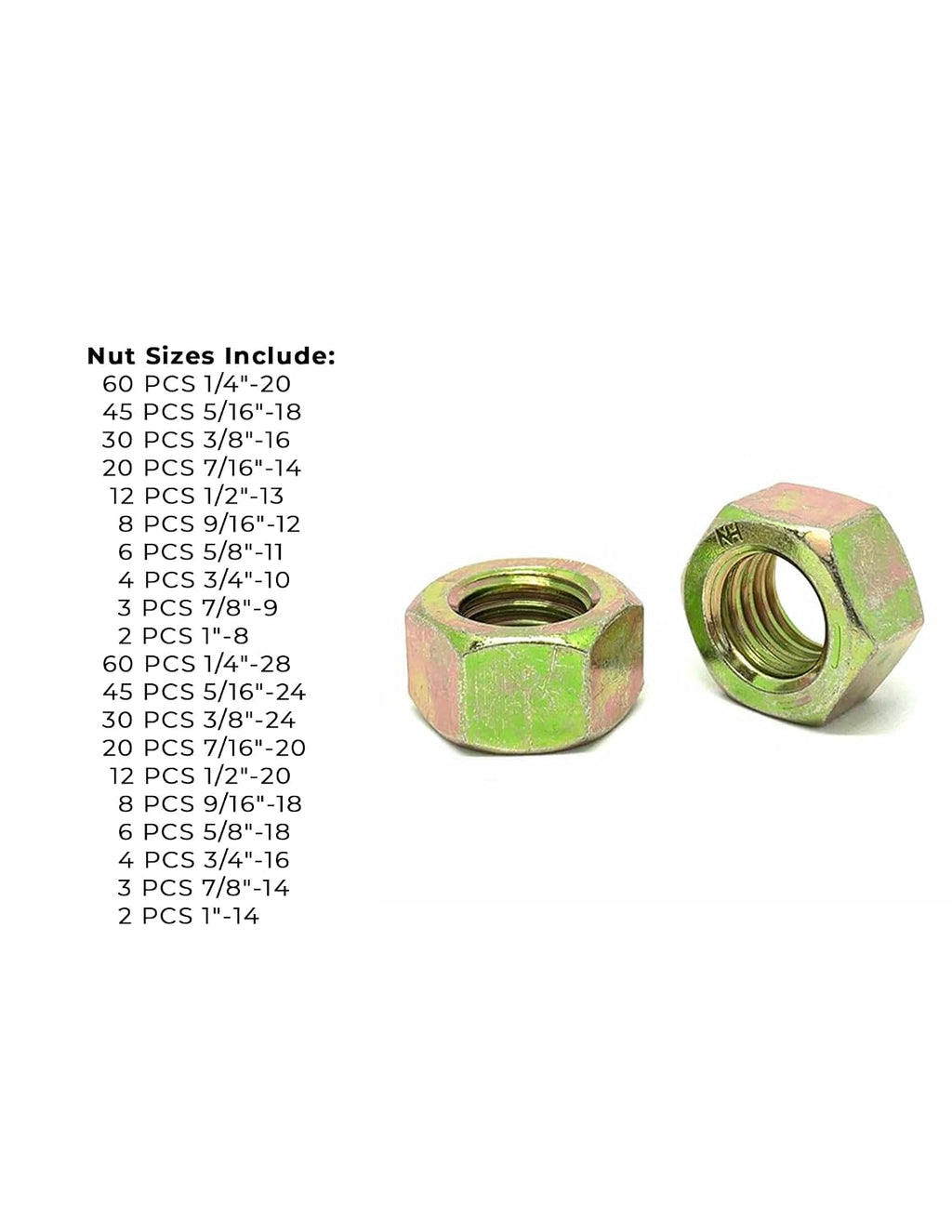 Grade 8 Finished Hex Nut Coarse & Fine Zinc Yellow Assortment - 381 Pieces